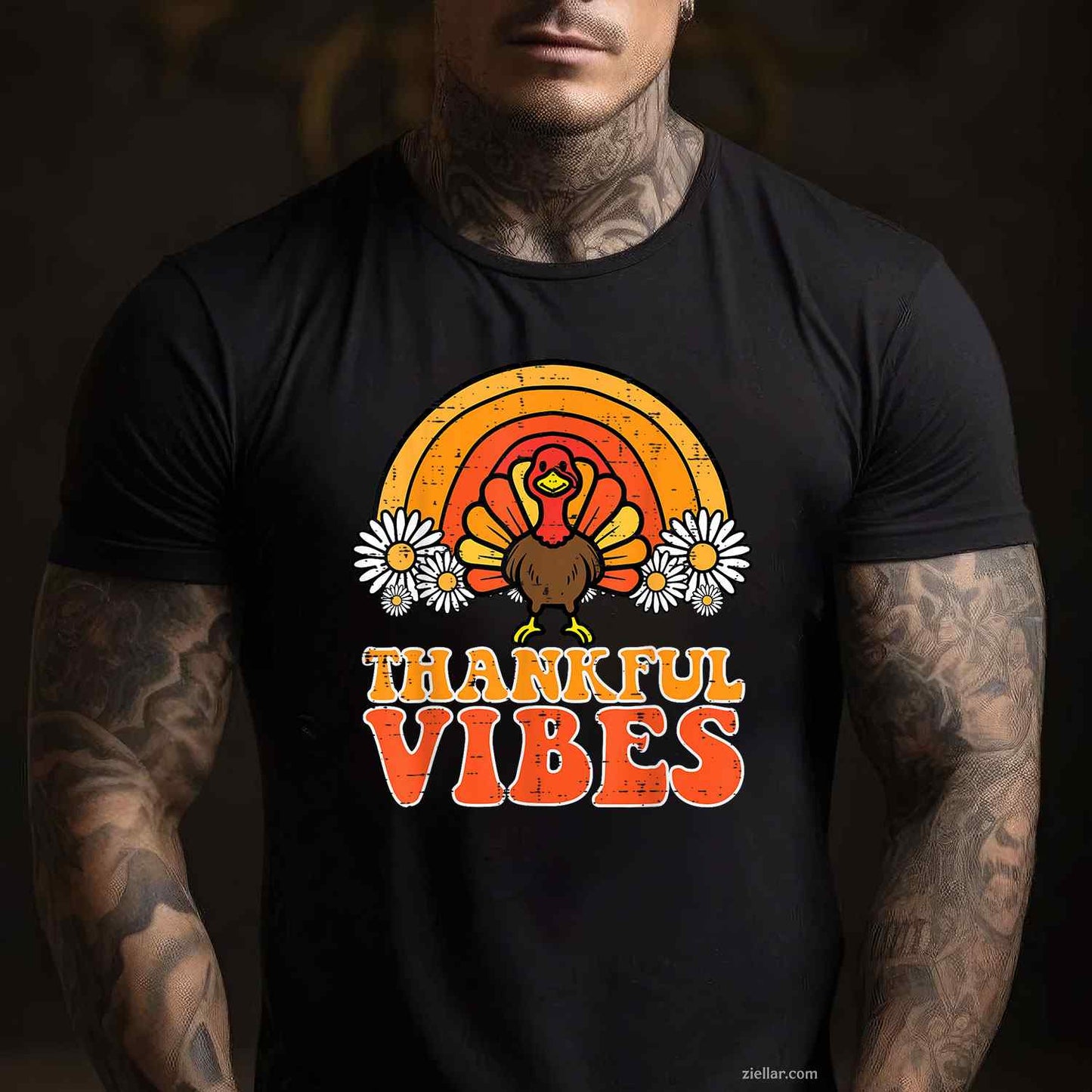 Thankful Vibes Turkey Rainbow Funny Retro Thanksgiving Women T-Shirt and Tee for Adults Men Women Unisex