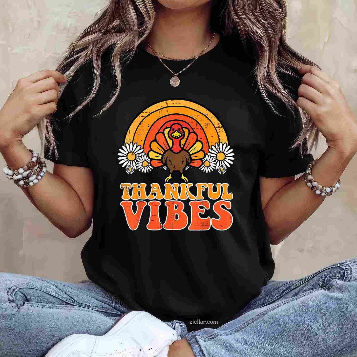 Thankful Vibes Turkey Rainbow Funny Retro Thanksgiving Women T-Shirt and Tee for Adults Men Women Unisex