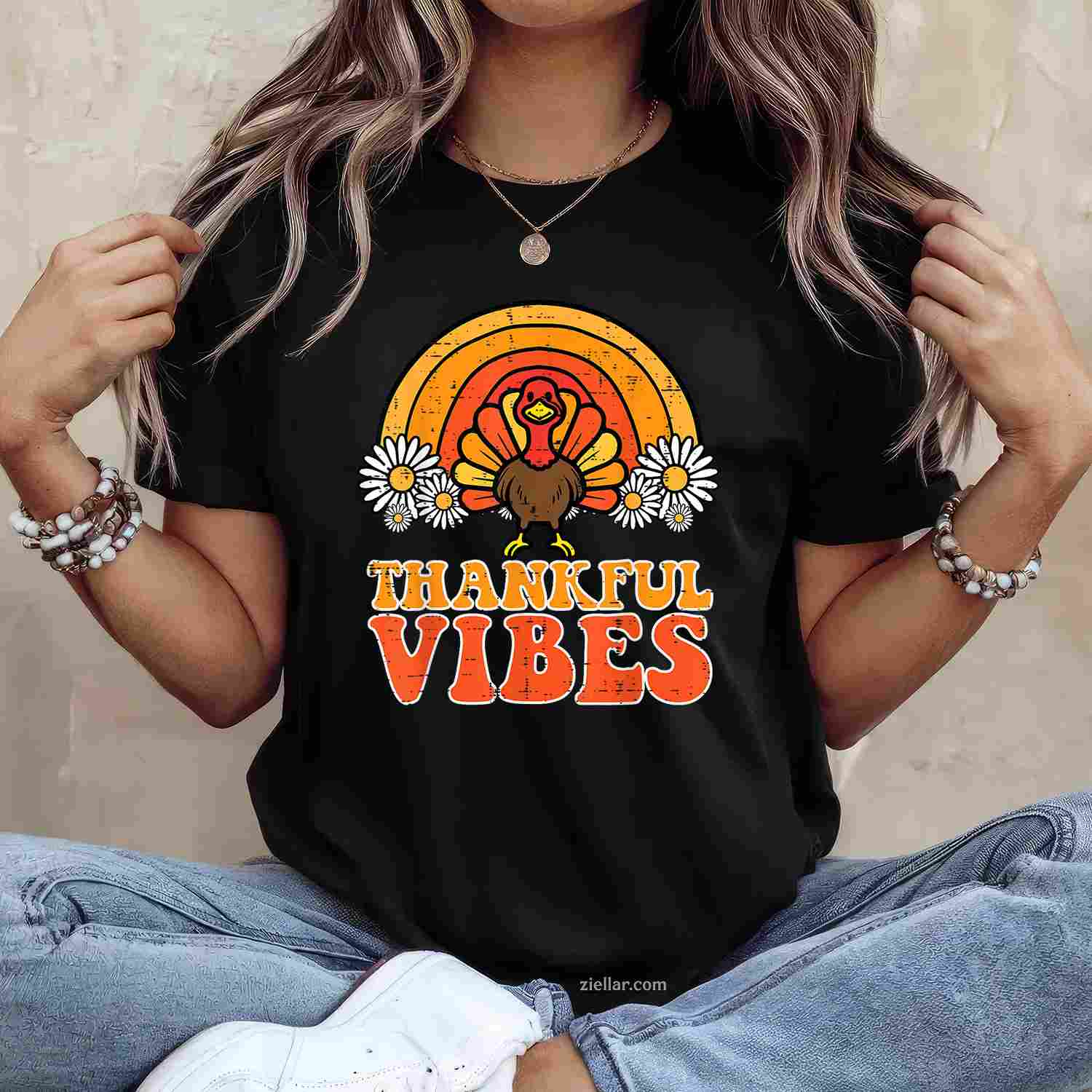 Thankful Vibes Turkey Rainbow Funny Retro Thanksgiving Women T-Shirt and Tee for Adults Men Women Unisex