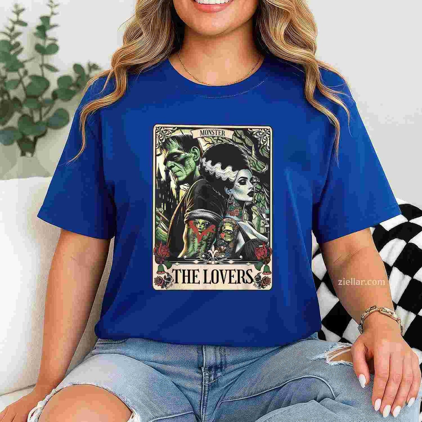 The Monster Frankenstein And Bride The Lovers Tarot Card Tee, Graphic T-Shirt for Men Women Adults Unisex, Trendy Graphic Apparel, Unique Gift Idea