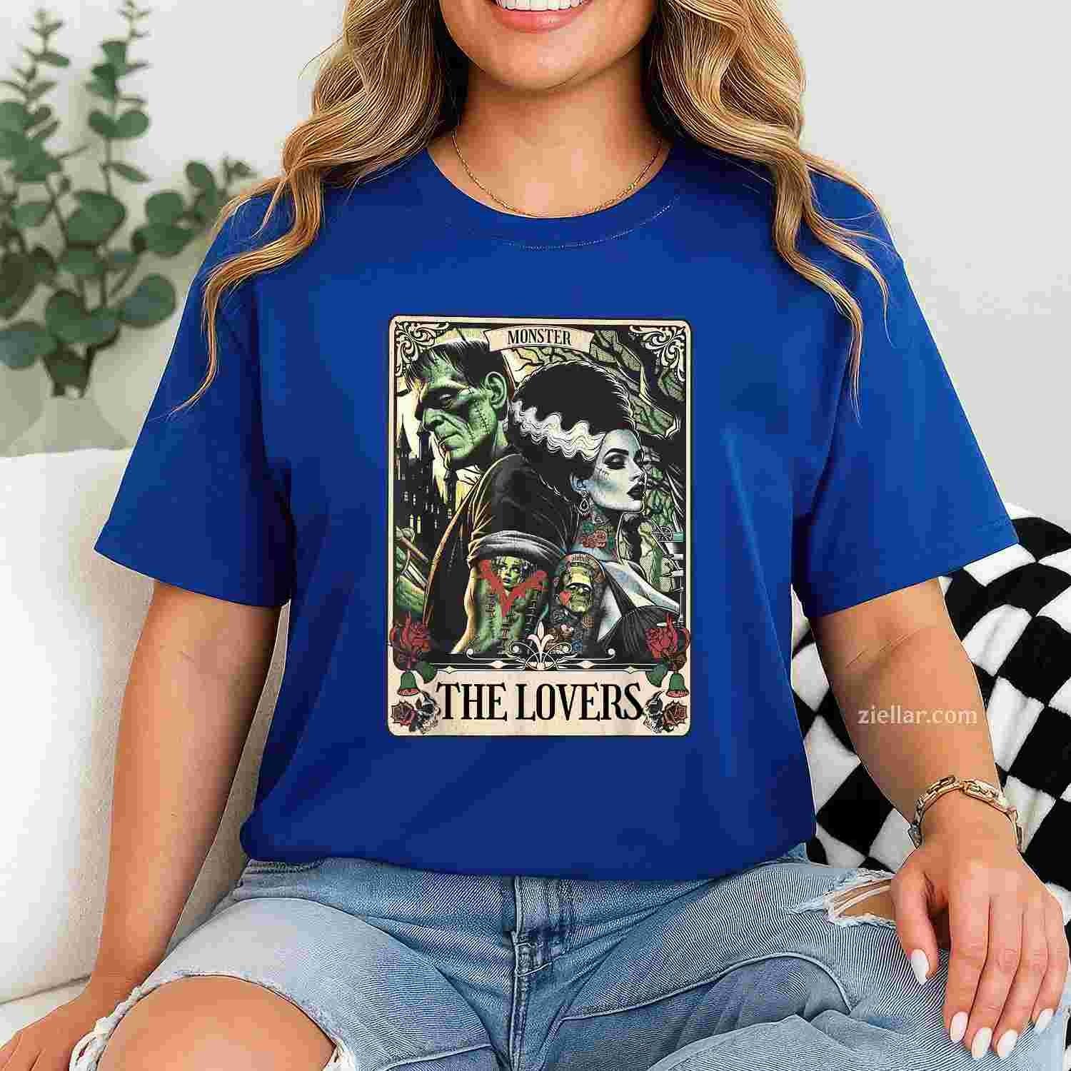 The Monster Frankenstein And Bride The Lovers Tarot Card Tee, Graphic T-Shirt for Men Women Adults Unisex, Trendy Graphic Apparel, Unique Gift Idea
