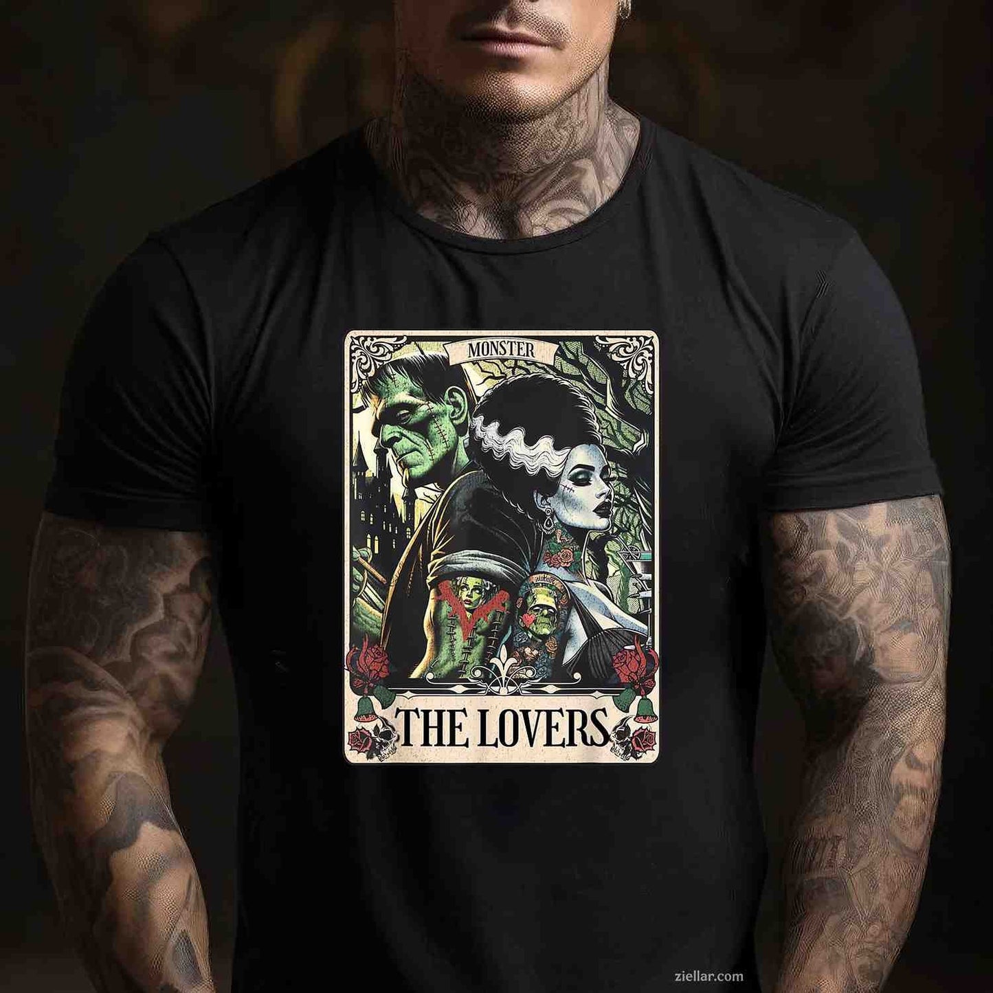 The Monster Frankenstein And Bride The Lovers Tarot Card Tee, Graphic T-Shirt for Men Women Adults Unisex, Trendy Graphic Apparel, Unique Gift Idea