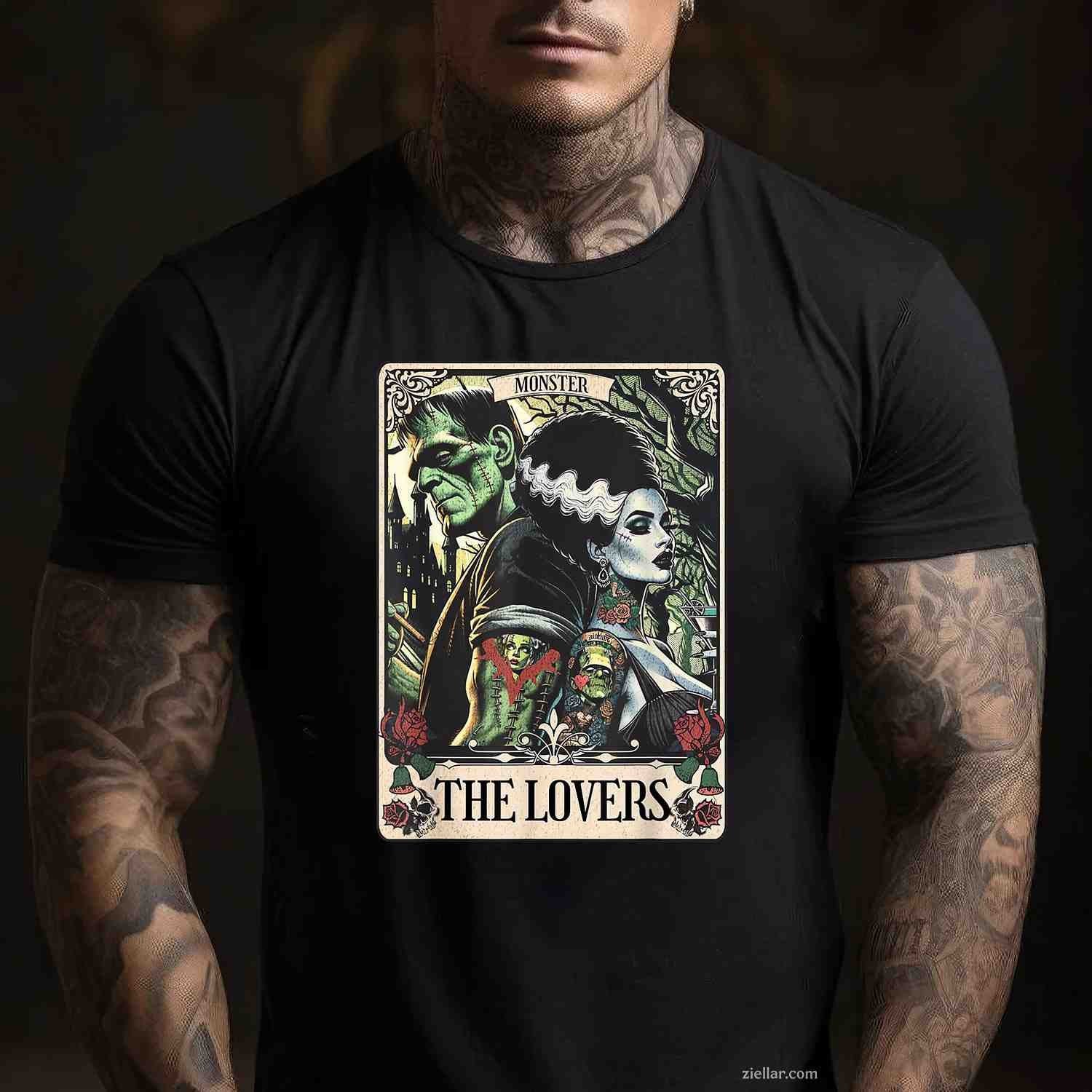 The Monster Frankenstein And Bride The Lovers Tarot Card Tee, Graphic T-Shirt for Men Women Adults Unisex, Trendy Graphic Apparel, Unique Gift Idea