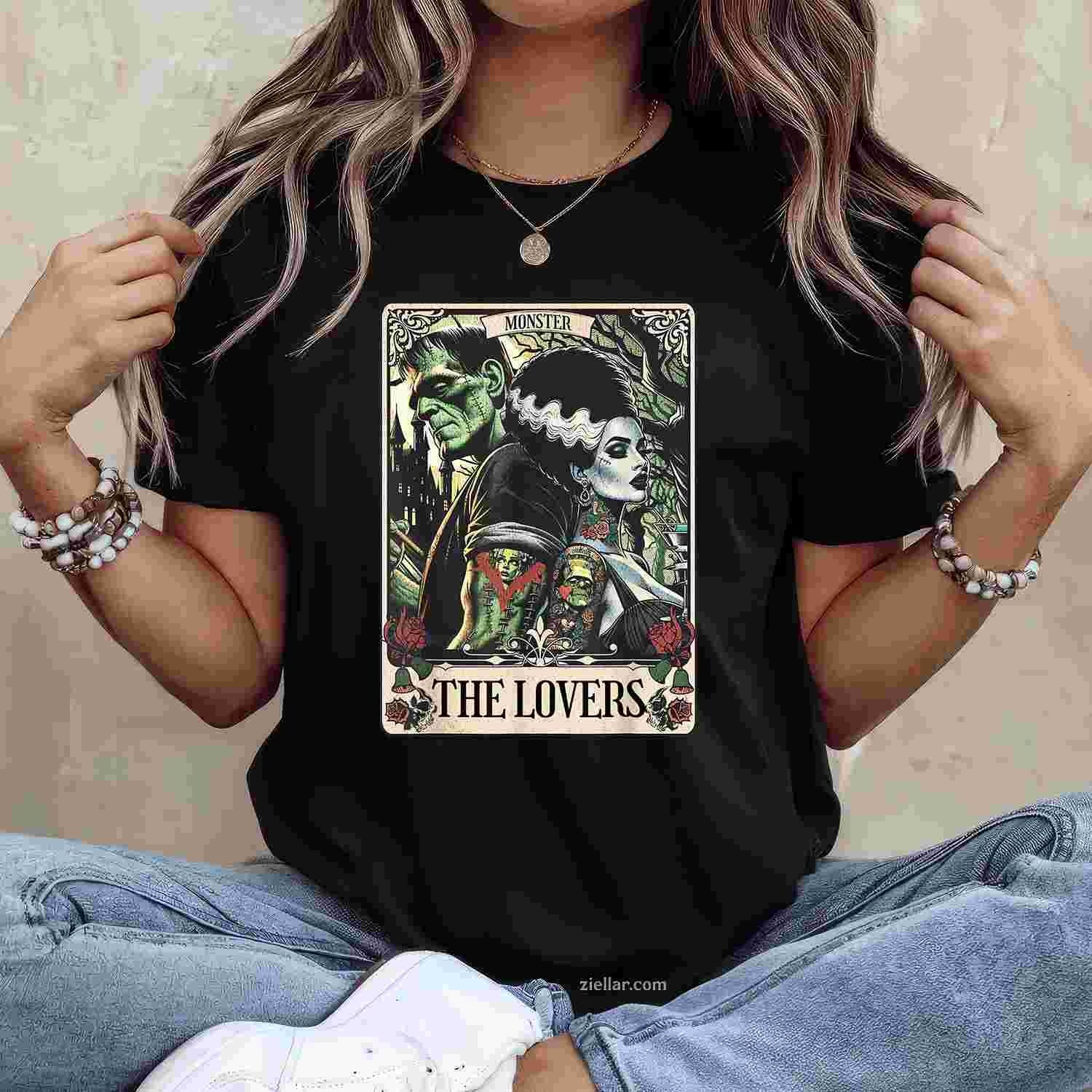The Monster Frankenstein And Bride The Lovers Tarot Card Tee, Graphic T-Shirt for Men Women Adults Unisex, Trendy Graphic Apparel, Unique Gift Idea