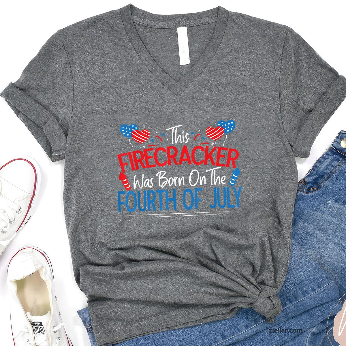 This Firecracker Was Born On The Fourth Of July Birthday V-Neck Shirt