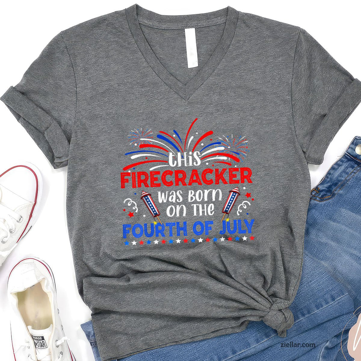 This Firecracker Was Born On The 4th Of July Firework B-day V-Neck Shirt