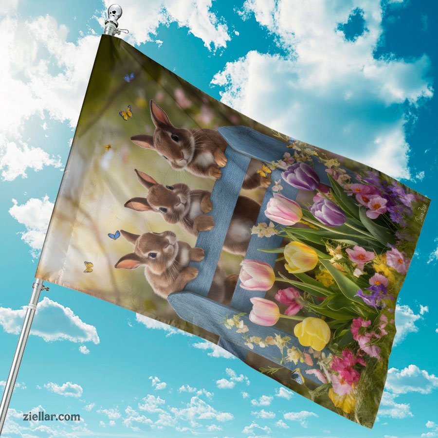 Three Playful Bunnies on Fence with Flowers Perfect for Easter Decoration