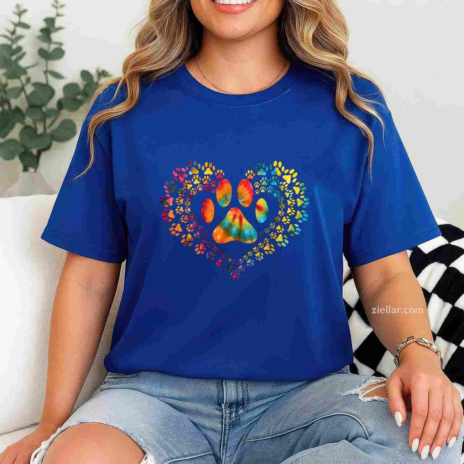 Tie Dye Love Dog Paw Print Heart Animal Lover T-Shirt, Vintage Graphic Tee For Adults Men Women