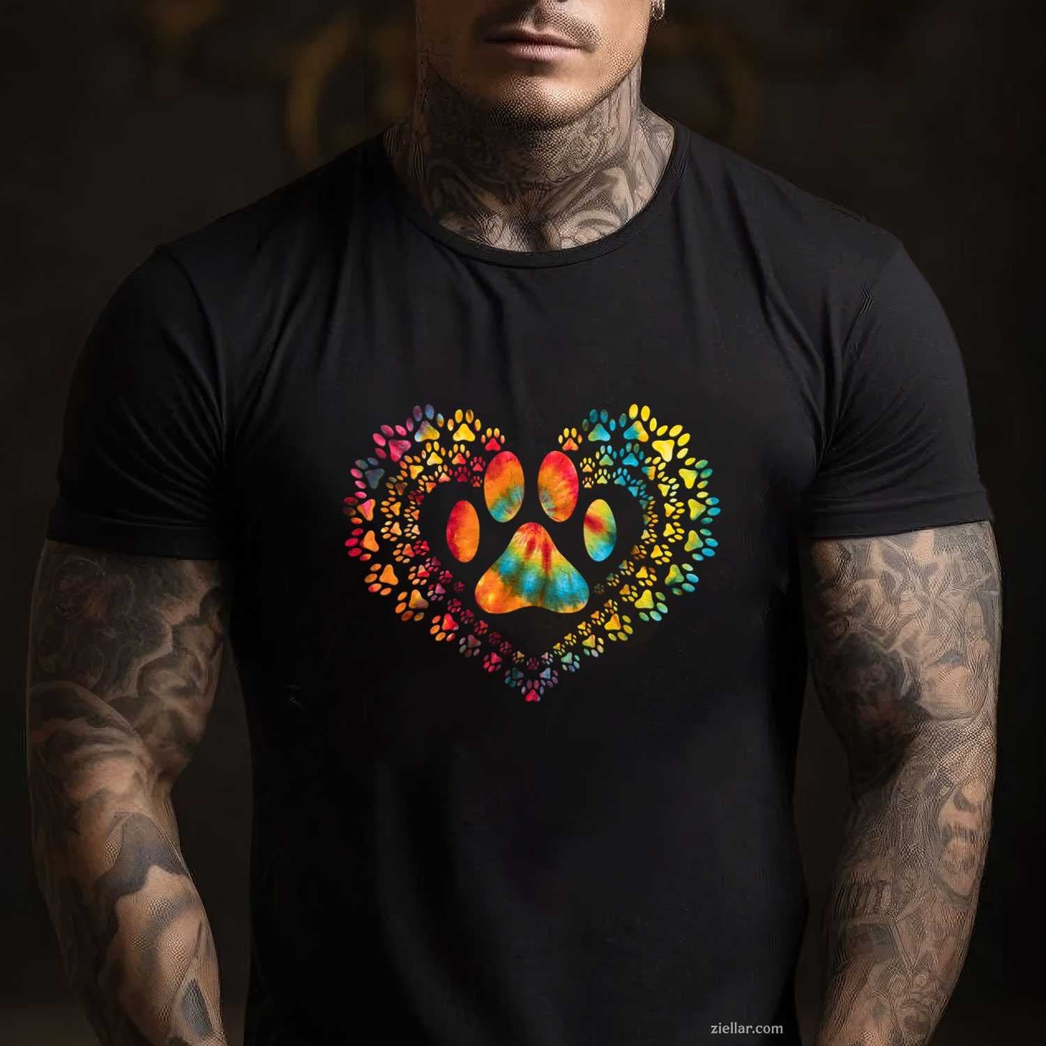 Tie Dye Love Dog Paw Print Heart Animal Lover T-Shirt, Vintage Graphic Tee For Adults Men Women