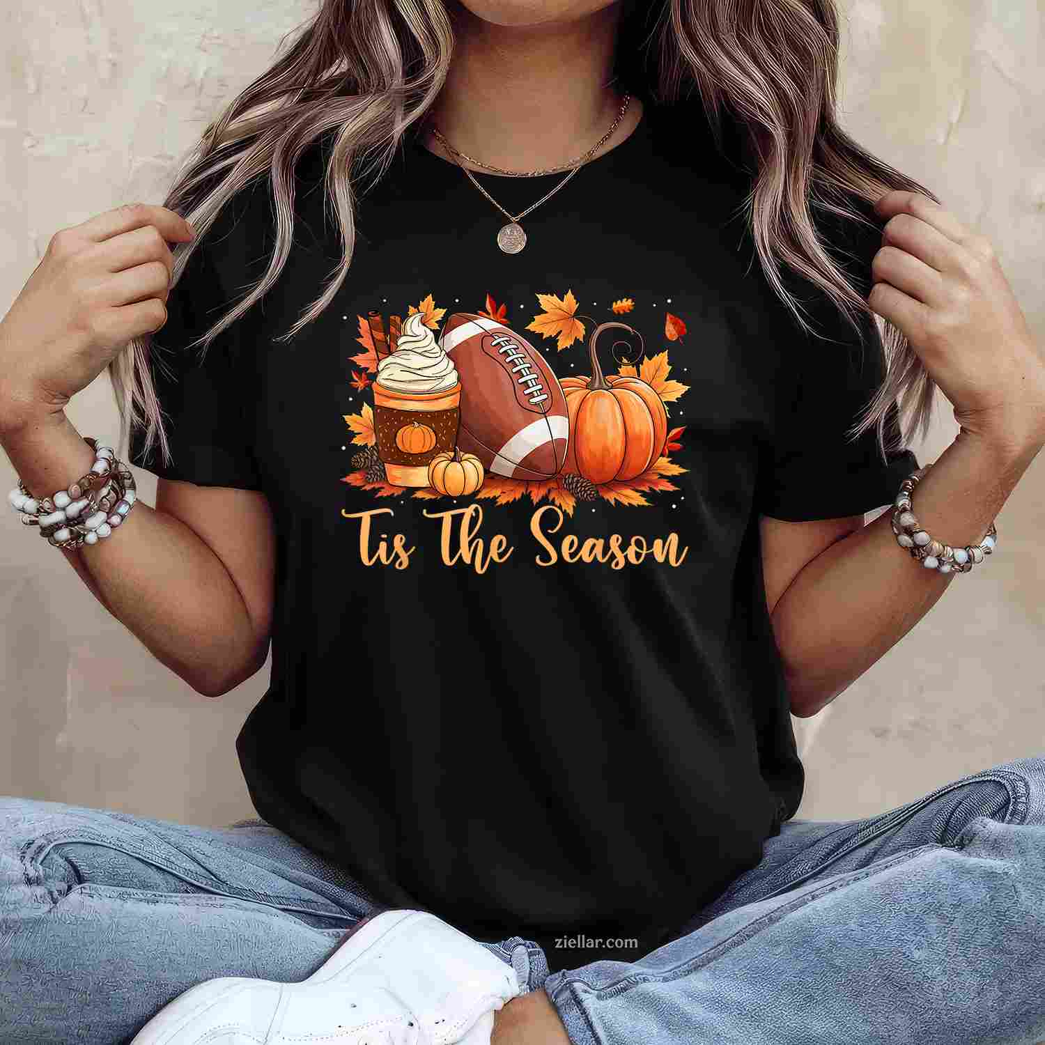 Tis The Season Fall Thanksgiving Pumpkin Spice Football T-Shirt and Tee for Adults Men Women Unisex