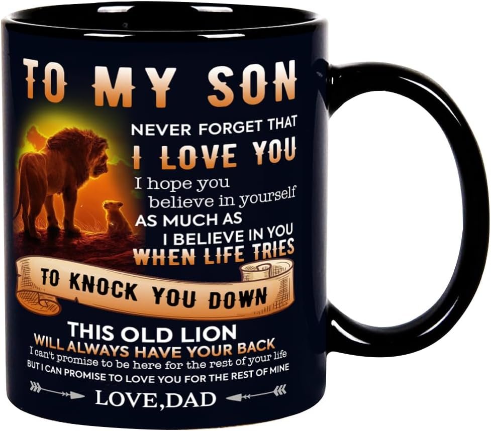 To My Son Mug Gift from Dad, Lion Design Birthday, Christmas, Farewell Cup 11 Oz