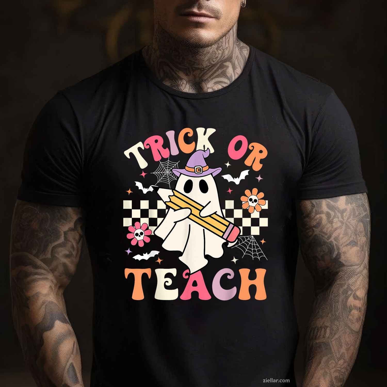 Trick Or Teach Groovy Teacher Halloween Retro Floral Ghost Tee, Halloween T-Shirt for Men Women Adults Unisex, Cool Casual Street Style, Premium Quality