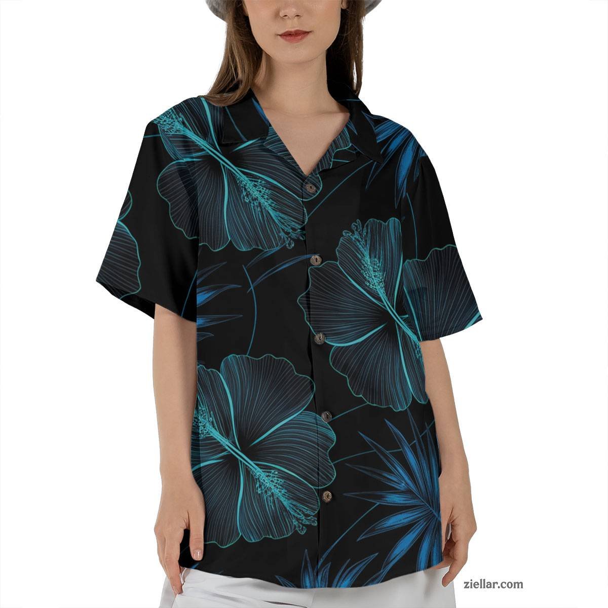 Tropical Hibiscus Hawaiian Shirt and Tee, Black Blue Summer Vacation Gift