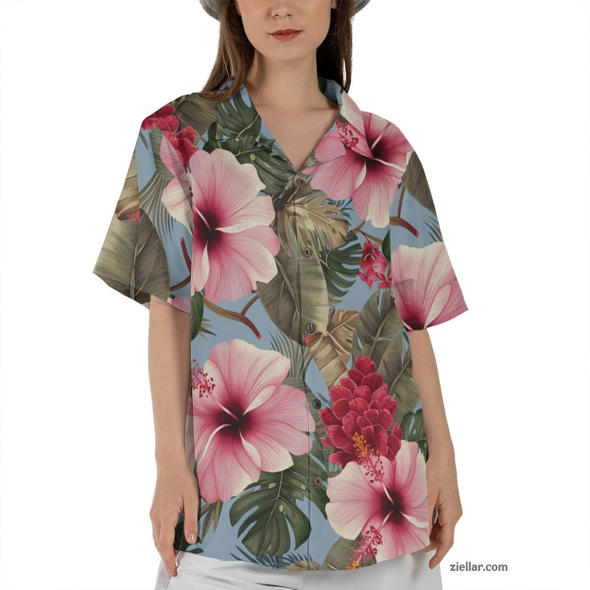 Tropical Light Blue Hawaiian Shirt and Tee, Vacation Palm Floral Print Gift