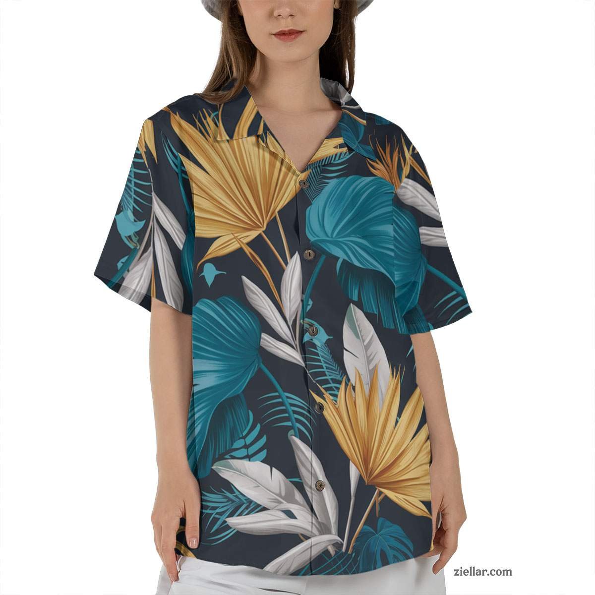Tropical Leaf Hawaiian Shirt and Tee, Teal Gold White Summer Vacation Wear