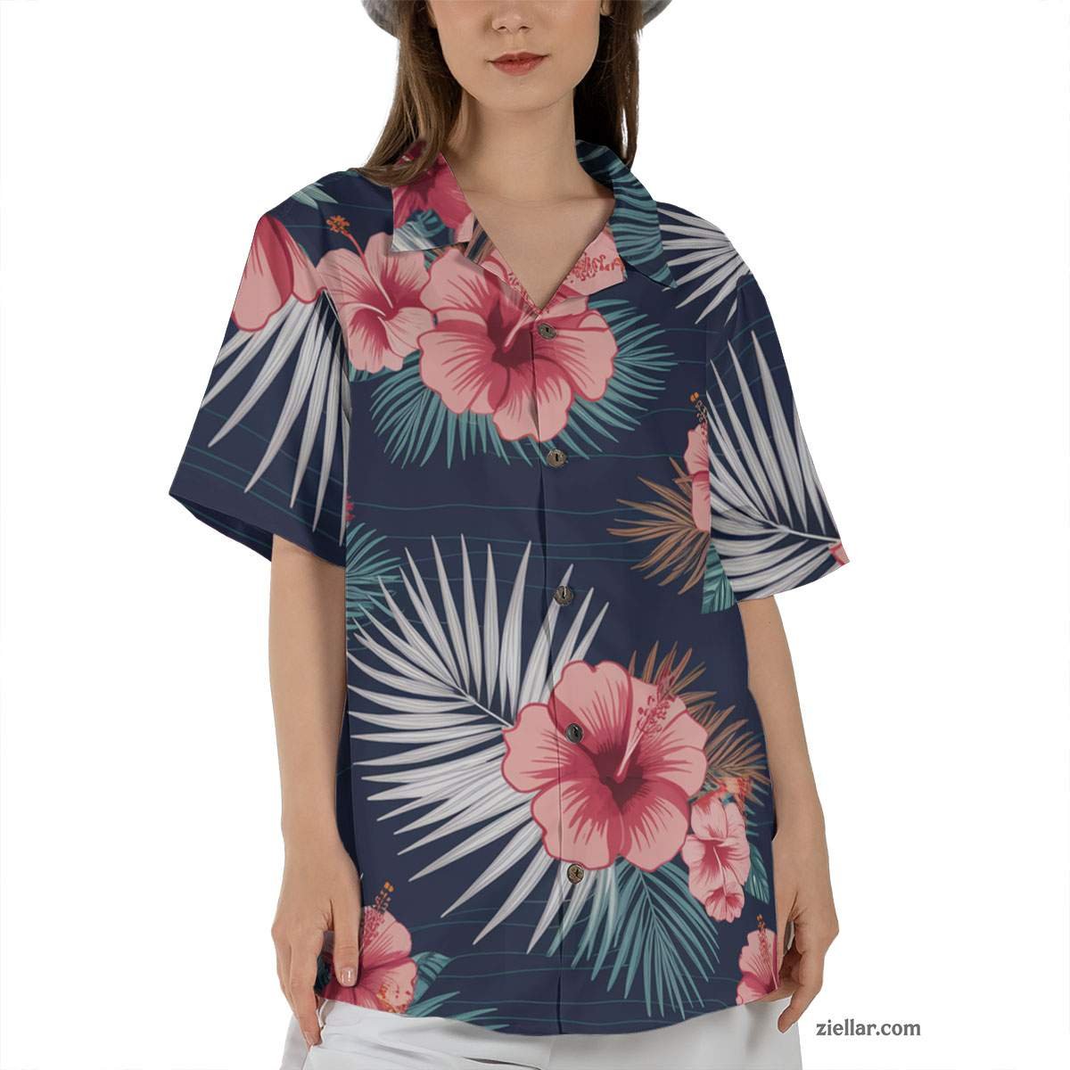 Tropical Navy Hawaiian Shirt and Tee, Hibiscus Palm Beachwear for Adults