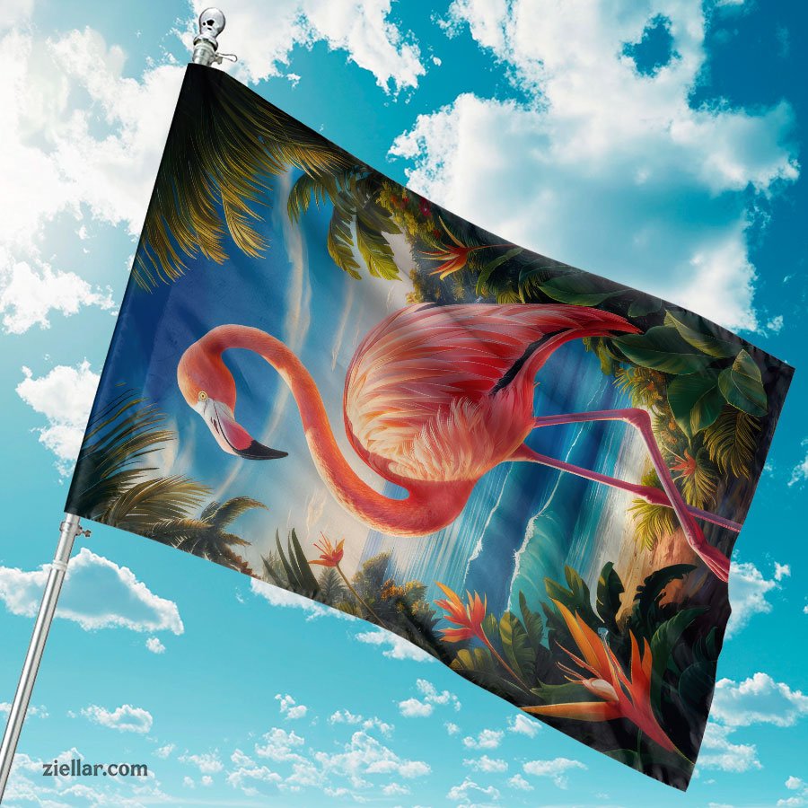 Tropical Paradise Scene with a Graceful Flamingo, Colorful Flowers and Blue Sky