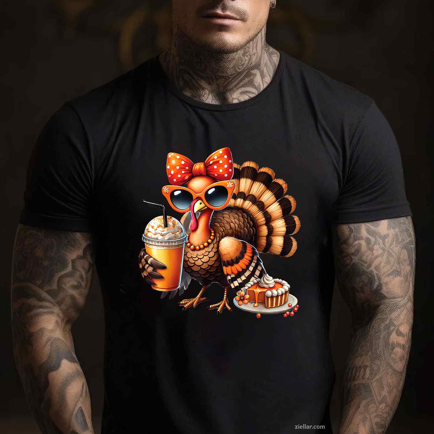 Turkey Drinking Coffee Bow Thanksgiving Womens Turkey Day T-Shirt and Tee for Adults Men Women Unisex