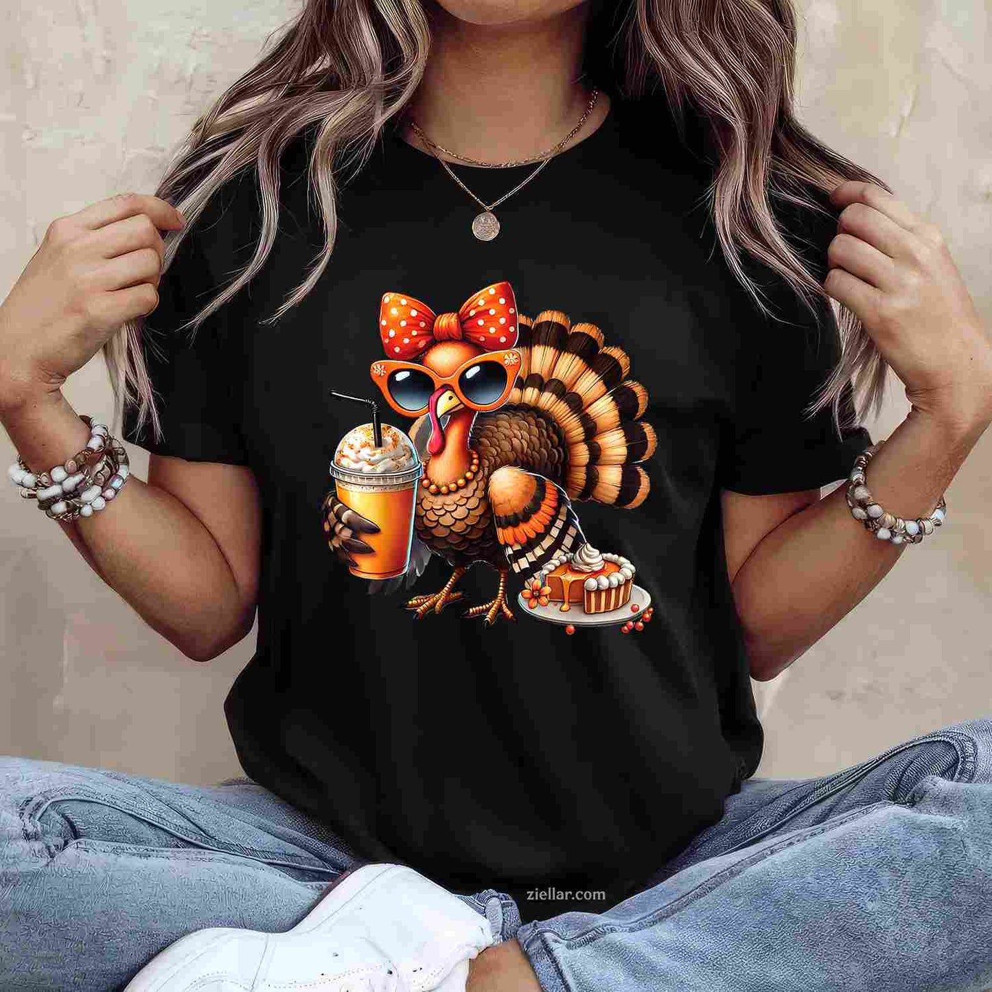 Turkey Drinking Coffee Bow Thanksgiving Womens Turkey Day T-Shirt and Tee for Adults Men Women Unisex