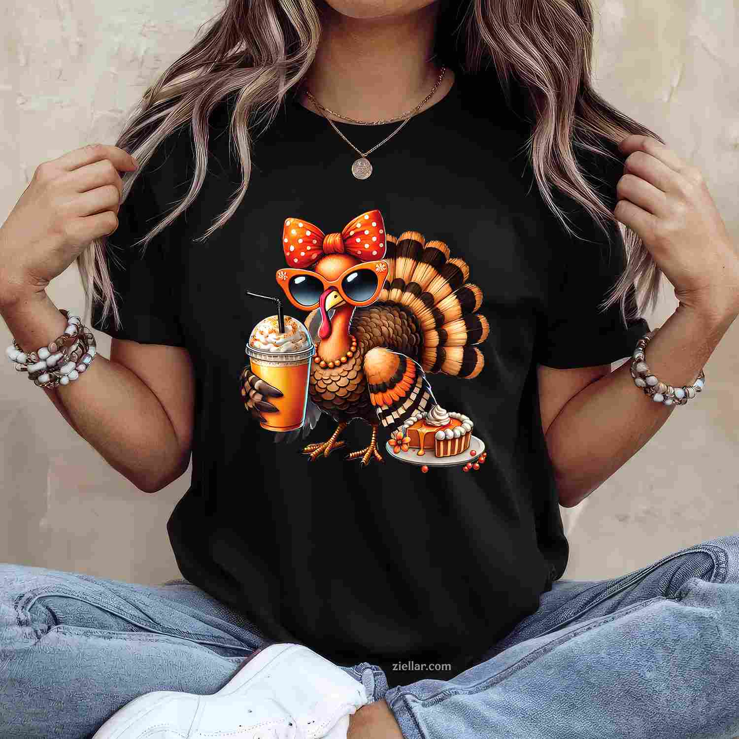 Turkey Drinking Coffee Bow Thanksgiving Womens Turkey Day T-Shirt and Tee for Adults Men Women Unisex
