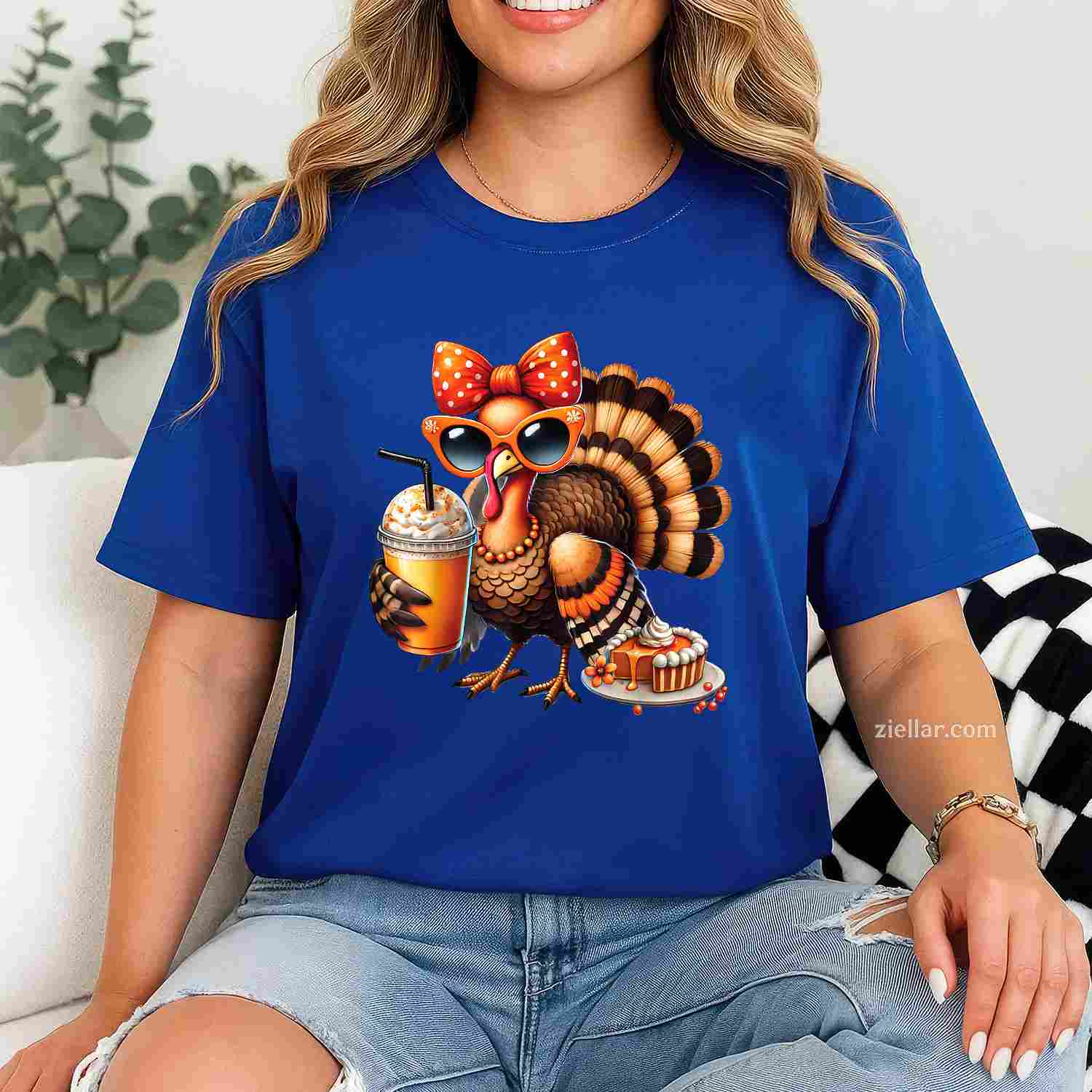 Turkey Drinking Coffee Bow Thanksgiving Womens Turkey Day T-Shirt and Tee for Adults Men Women Unisex