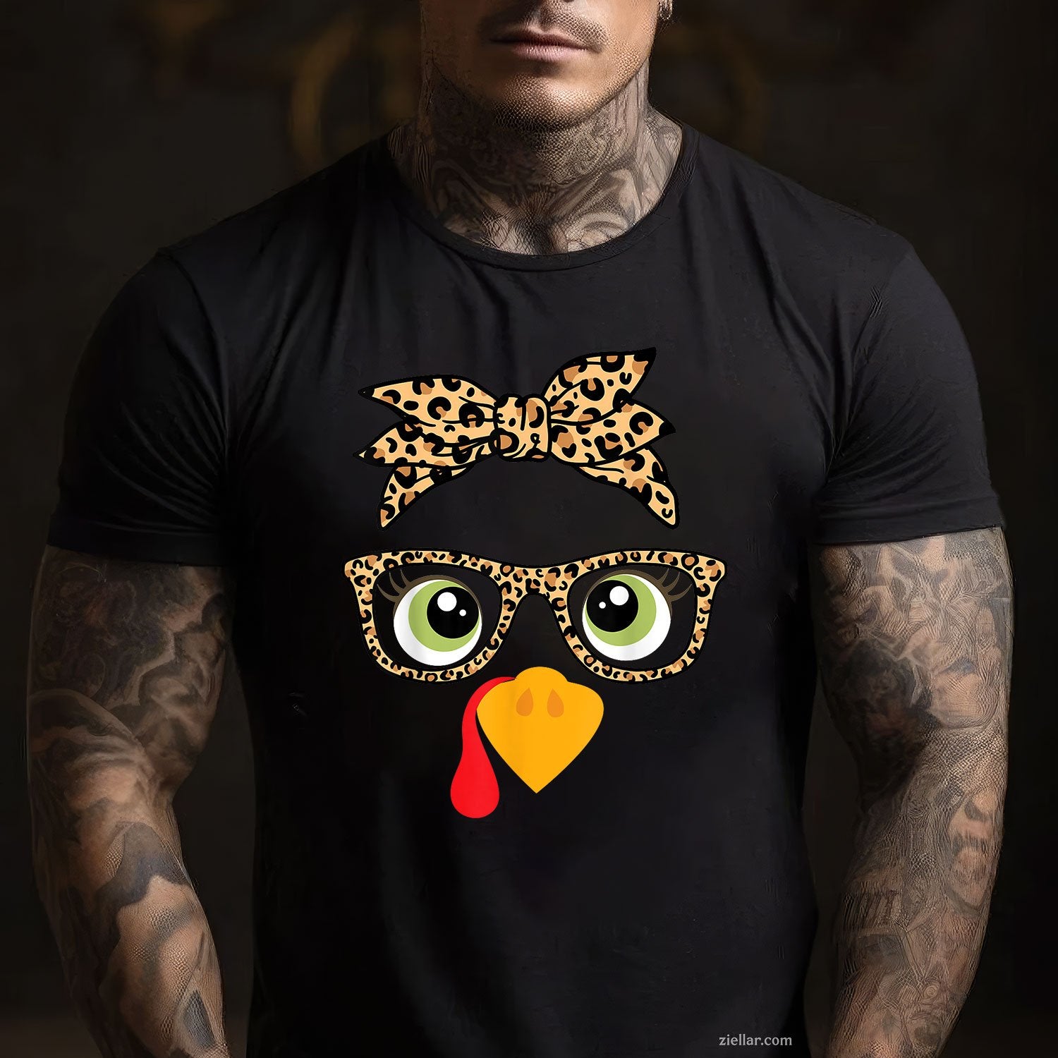 Turkey Face Glasses Tee and T-Shirt, Leopard Print Thanksgiving T-Shirt for Women Adults