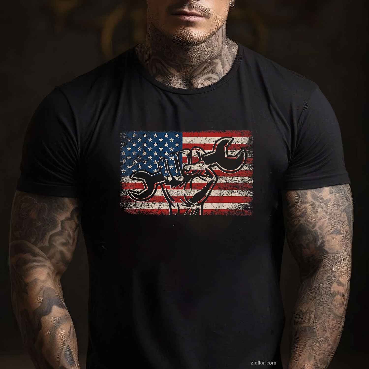 US Flag Mechanic Labor Day Worker Patriotic Mechanic T-Shirt Tee for Men Women Adults Unisex