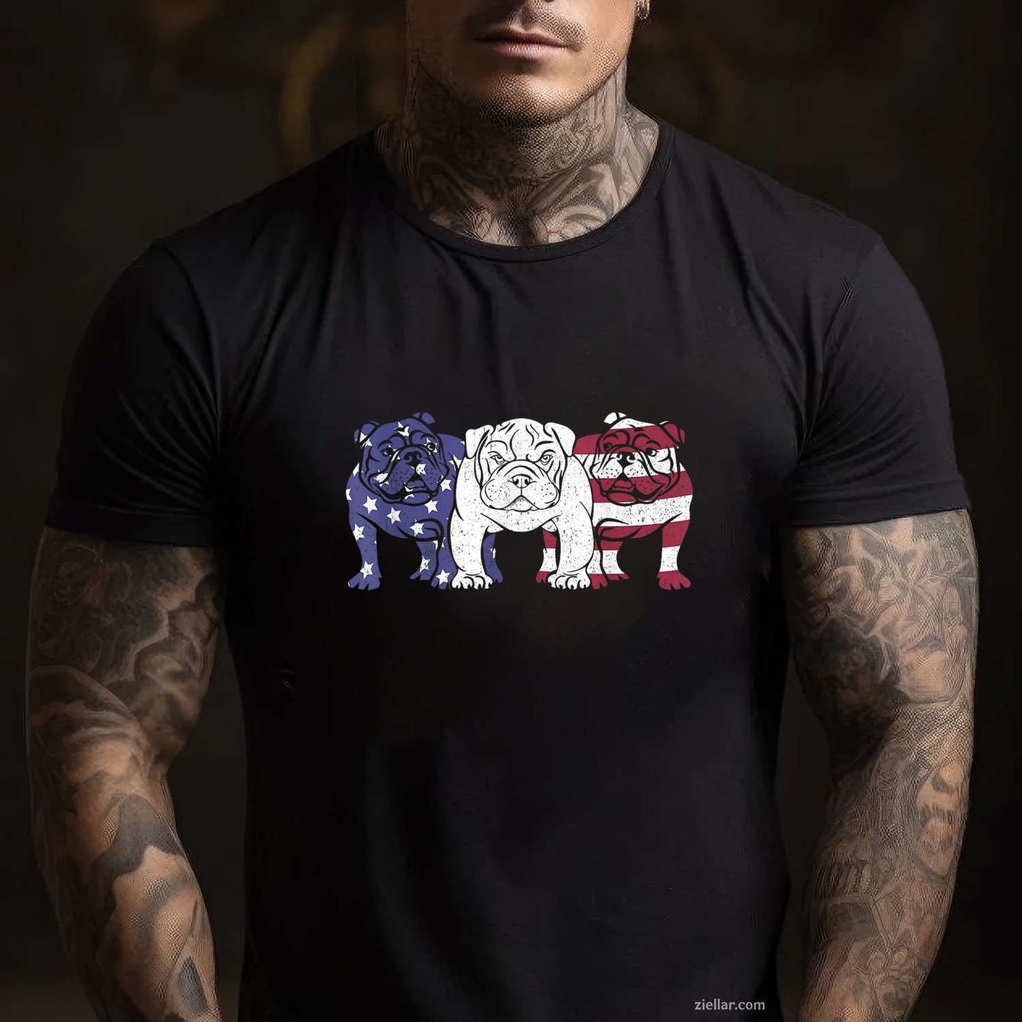 Unique English Bulldog Dog American Flag T-Shirt, Retro Puppy Lover Vintage Graphic Tee For Adults