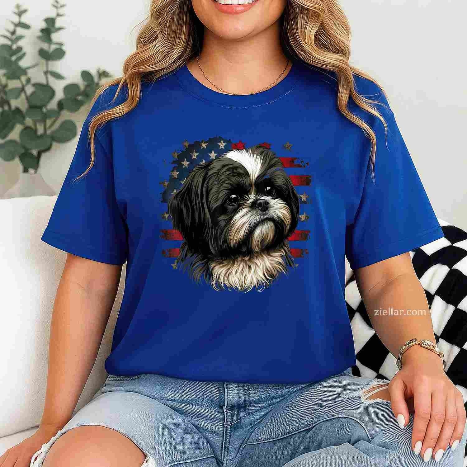 Usa 4Th Of July Shih Tzu On Patriotic American Shih Tzu T-Shirt, Usa Flag Graphic Tee For Shih Tzu Lovers