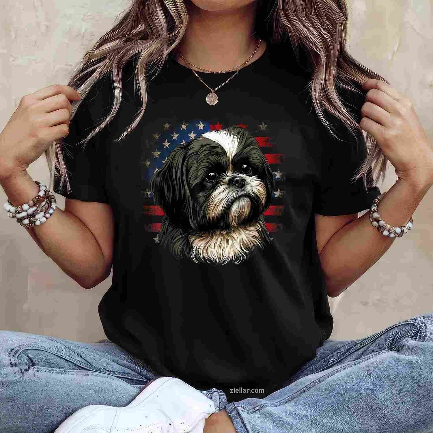 Usa 4Th Of July Shih Tzu On Patriotic American Shih Tzu T-Shirt, Usa Flag Graphic Tee For Shih Tzu Lovers