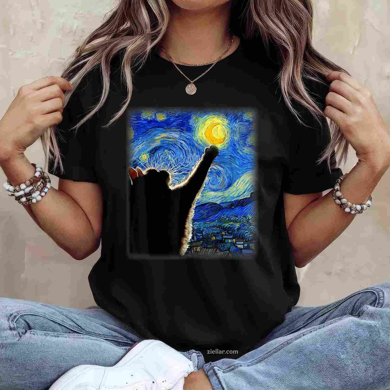 Van Gogh Starry Night Cat  - Classic Fit, Cat Lover_Mom_Dad Gift, Black Crew Neck Funny Graphic Tee and T-Shirt Gift for Adults Men Women Unisex