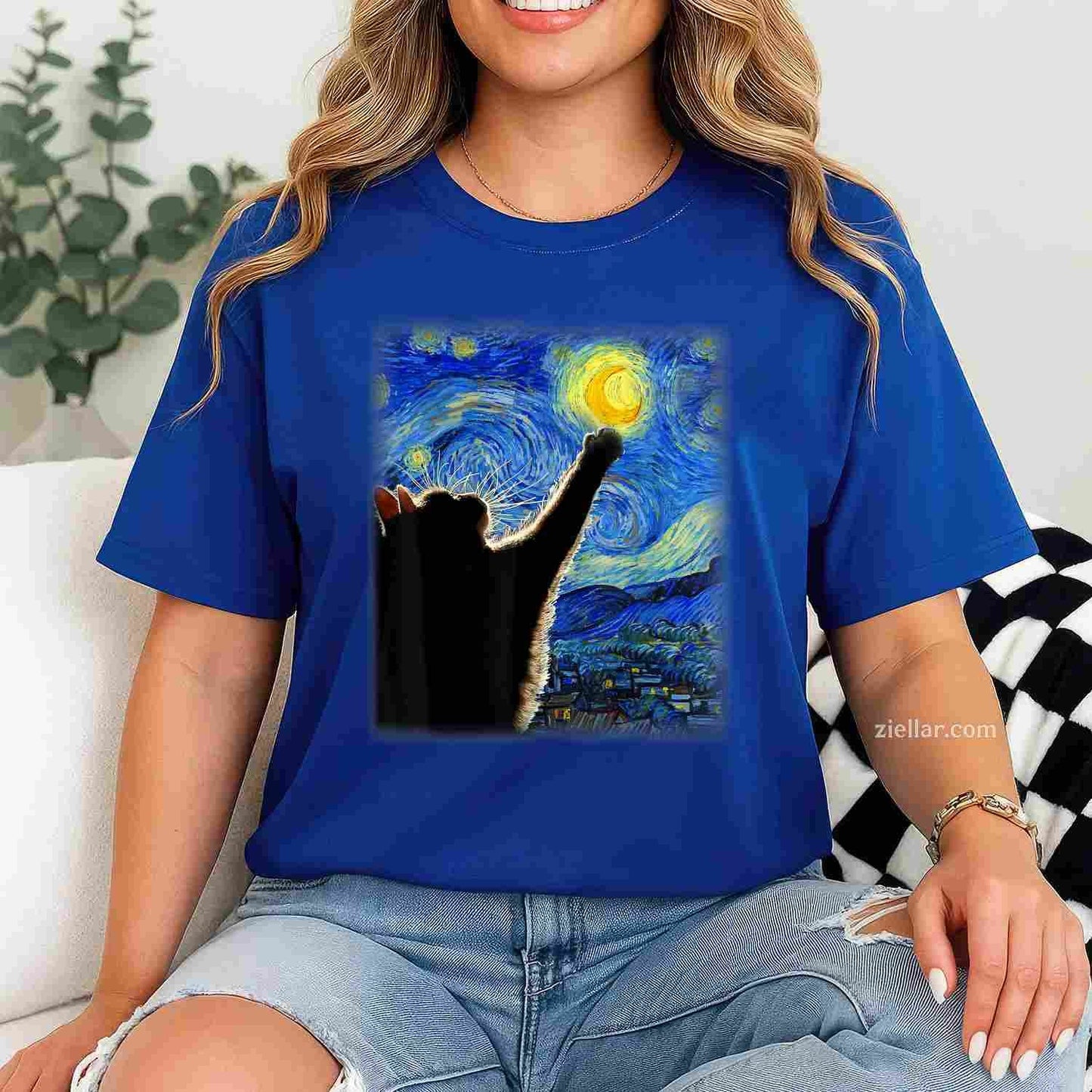 Van Gogh Starry Night Cat  - Classic Fit, Cat Lover_Mom_Dad Gift, Black Crew Neck Funny Graphic Tee and T-Shirt Gift for Adults Men Women Unisex