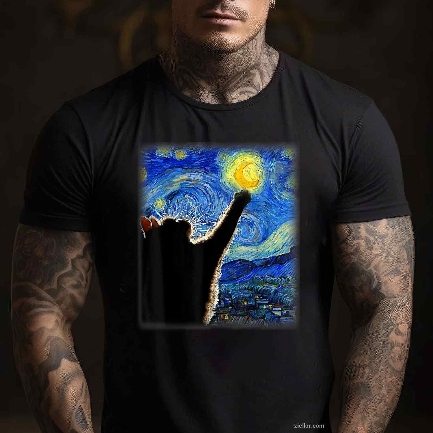 Van Gogh Starry Night Cat  - Classic Fit, Cat Lover_Mom_Dad Gift, Black Crew Neck Funny Graphic Tee and T-Shirt Gift for Adults Men Women Unisex