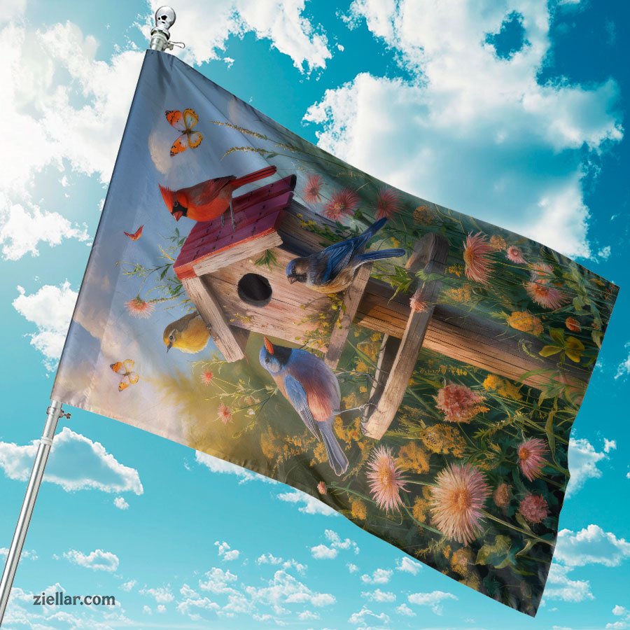 Vibrant Birdhouse with Colorful Birds and Floral Design Yard Patio Banner