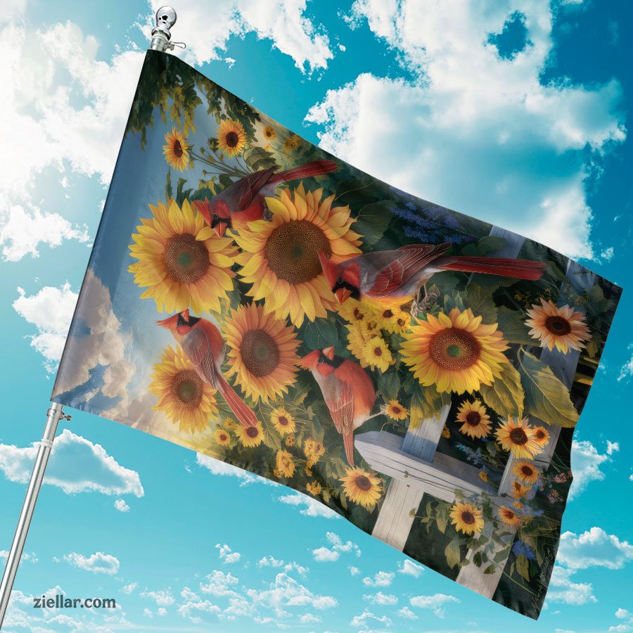 Vibrant Cardinals with Bright Sunflowers Nature Wildlife Farmhouse Decor