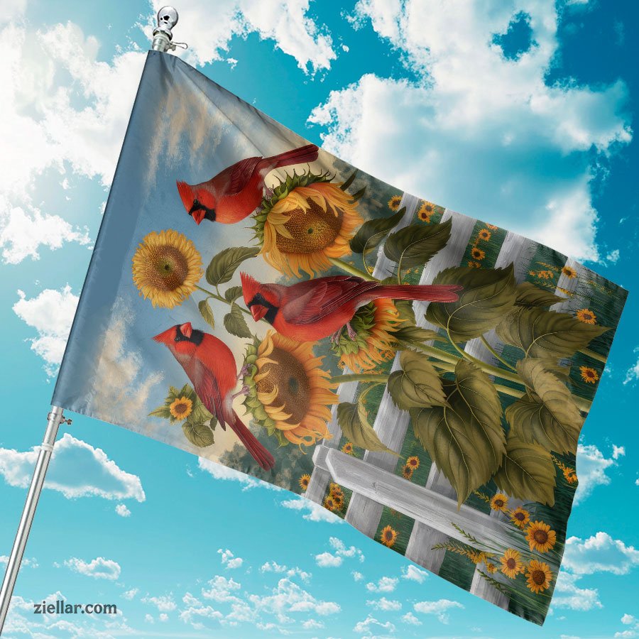 Vibrant Cardinals with Sunflowers Flag Patriotic Summer Fall Outdoor Decor