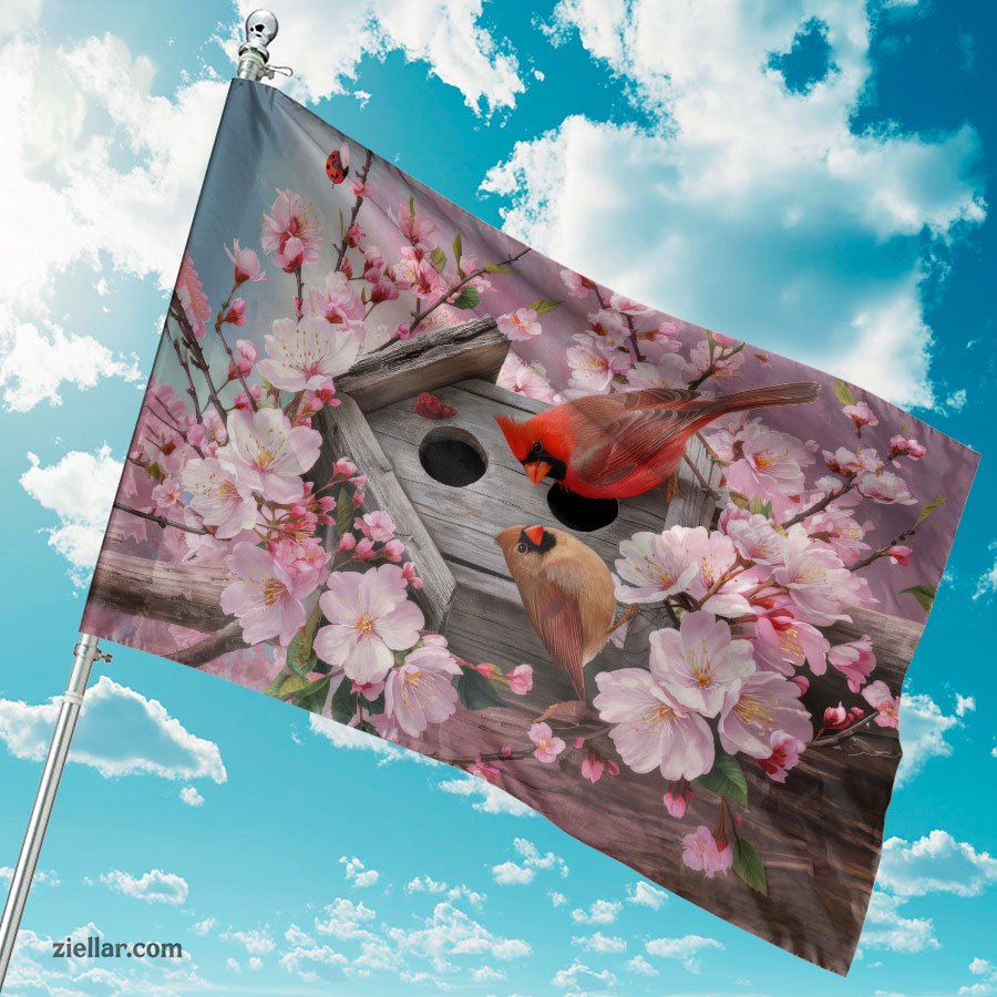 Vibrant Red Cardinals on Birdhouse with Pink Flowers Outdoor Yard Decoration
