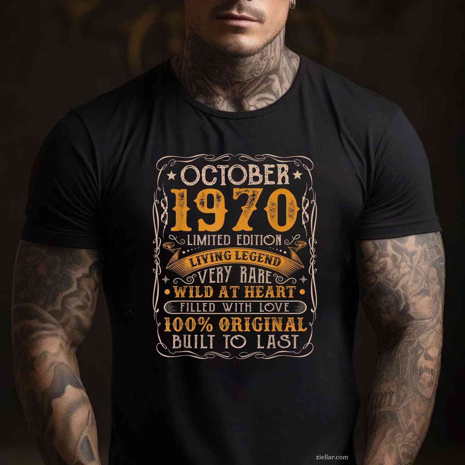 Vintage Born In October 1970 Retro Birthday Party Bday T-Shirt and Tee for Adults Men Women Unisex