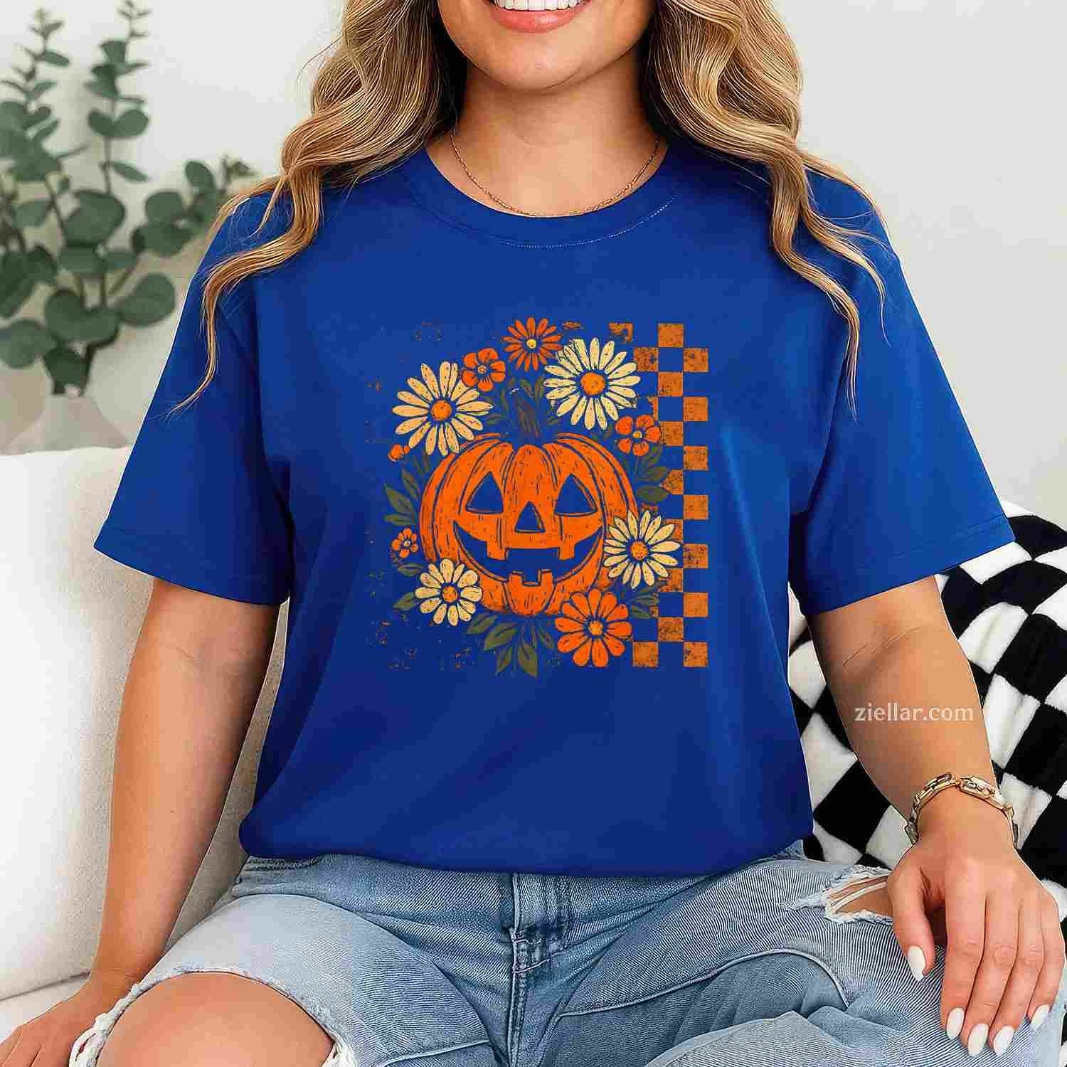 Vintage Floral Pumpkin Halloween Retro Jack O Lanter Face Tee, Halloween T-Shirt for Men Women Adults Unisex, Cool Casual Street Style, Premium Quality