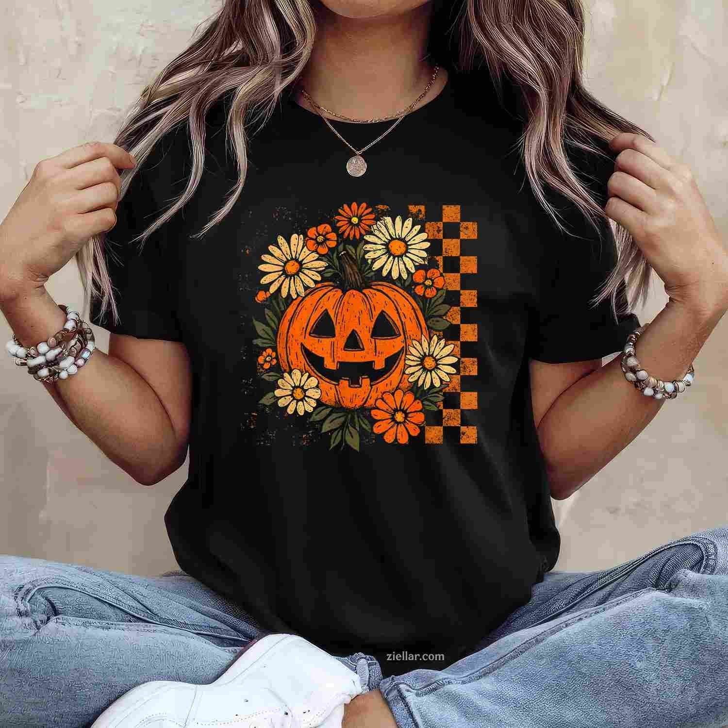 Vintage Floral Pumpkin Halloween Retro Jack O Lanter Face Tee, Halloween T-Shirt for Men Women Adults Unisex, Cool Casual Street Style, Premium Quality