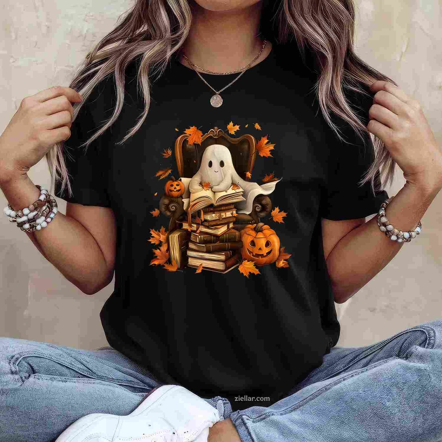 Vintage Ghost Book Reading Pumpkin Gothic Halloween Teachers Tee, Halloween T-Shirt for Men Women Adults Unisex, Bold Statement Graphic, Party Outfit Favorite