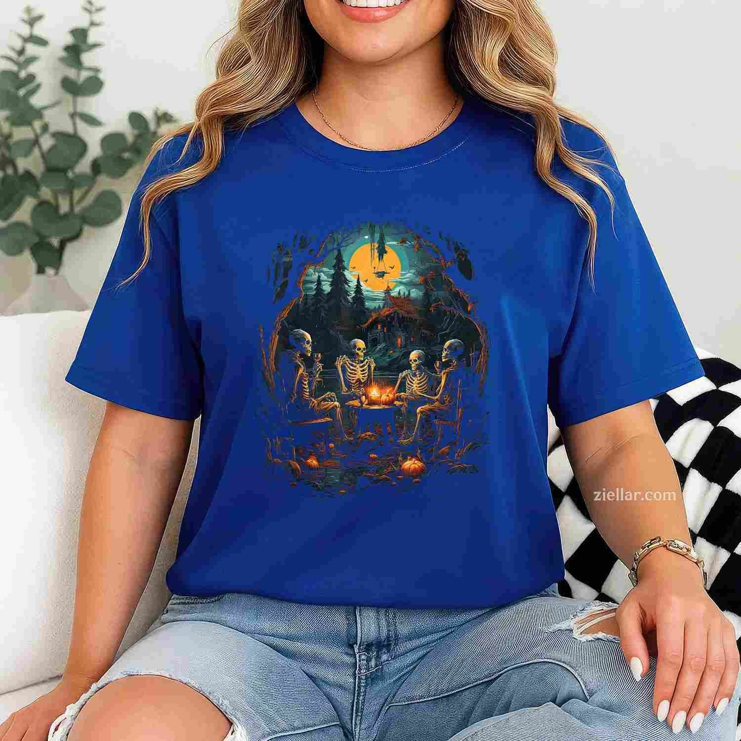 Vintage Ghost and Skeleton by Fire Camping Gothic Halloween Tee, Halloween T-Shirt for Men Women Adults Unisex, Vintage Retro Graphic, Funny Novelty Gift