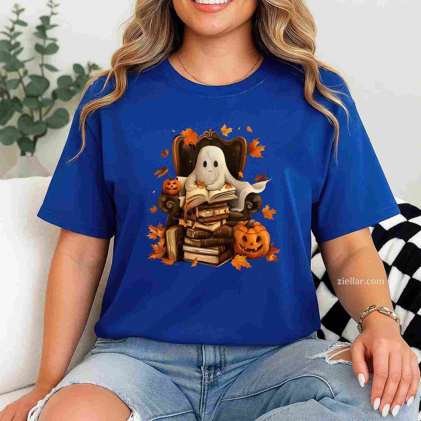 Vintage Ghost Book Reading Pumpkin Gothic Halloween Teachers Tee, Halloween T-Shirt for Men Women Adults Unisex, Bold Statement Graphic, Party Outfit Favorite