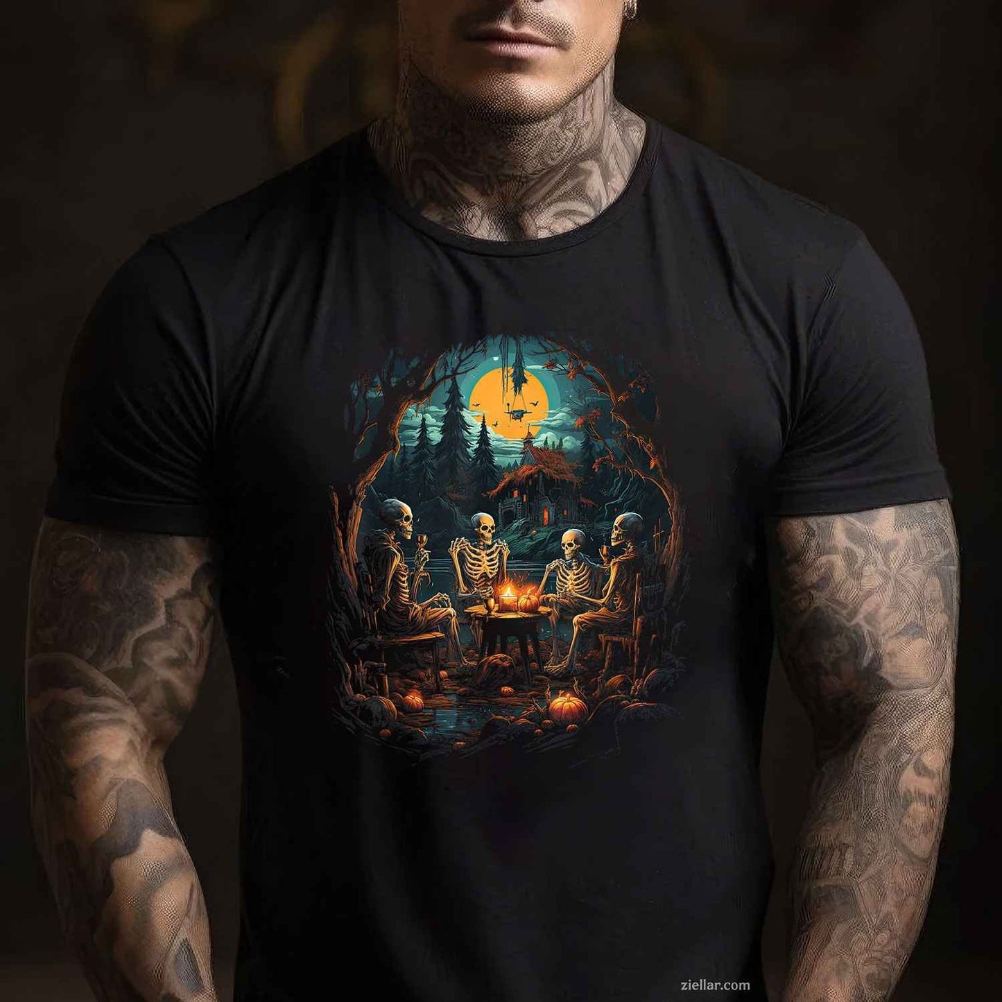 Vintage Ghost and Skeleton by Fire Camping Gothic Halloween Tee, Halloween T-Shirt for Men Women Adults Unisex, Vintage Retro Graphic, Funny Novelty Gift
