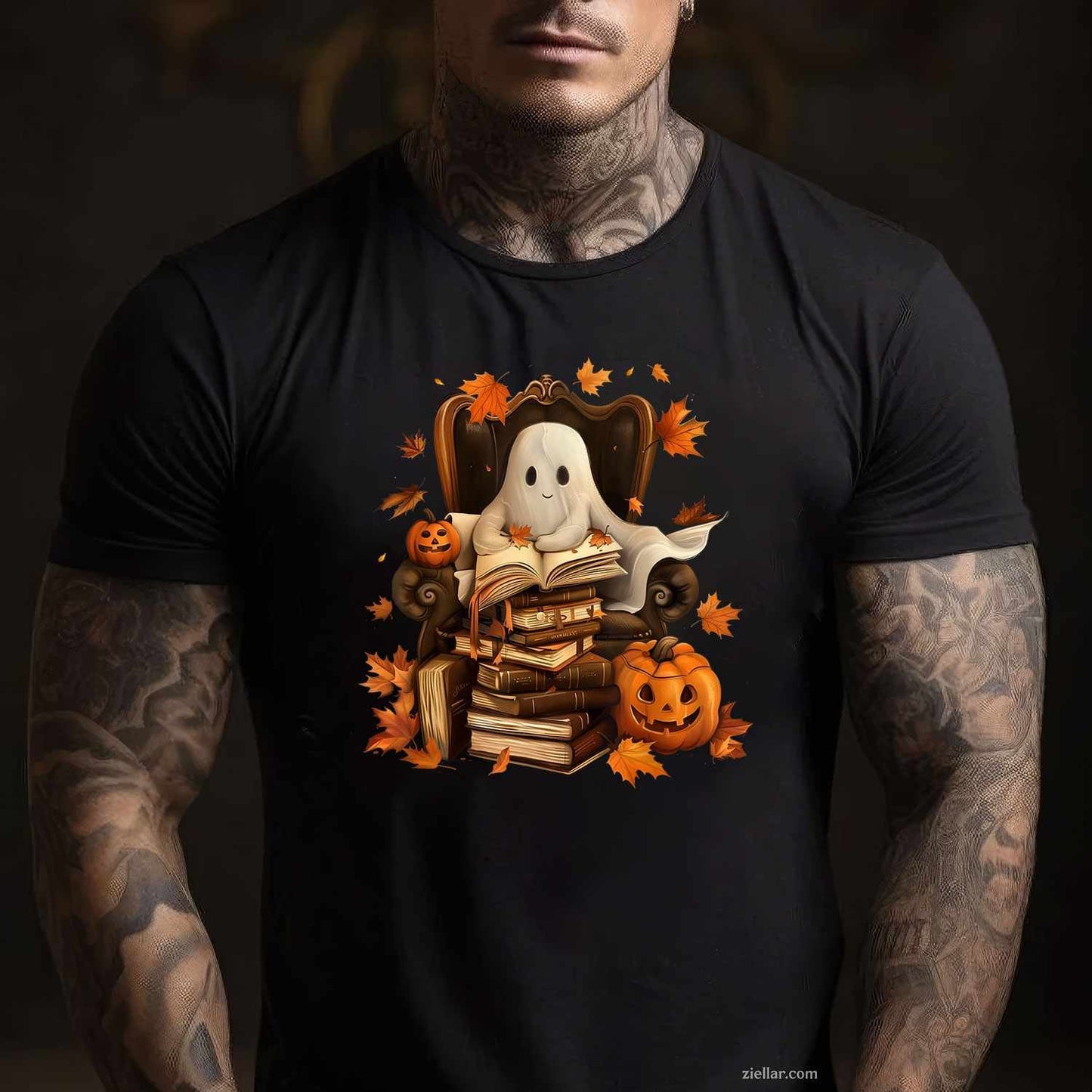 Vintage Ghost Book Reading Pumpkin Gothic Halloween Teachers Tee, Halloween T-Shirt for Men Women Adults Unisex, Bold Statement Graphic, Party Outfit Favorite