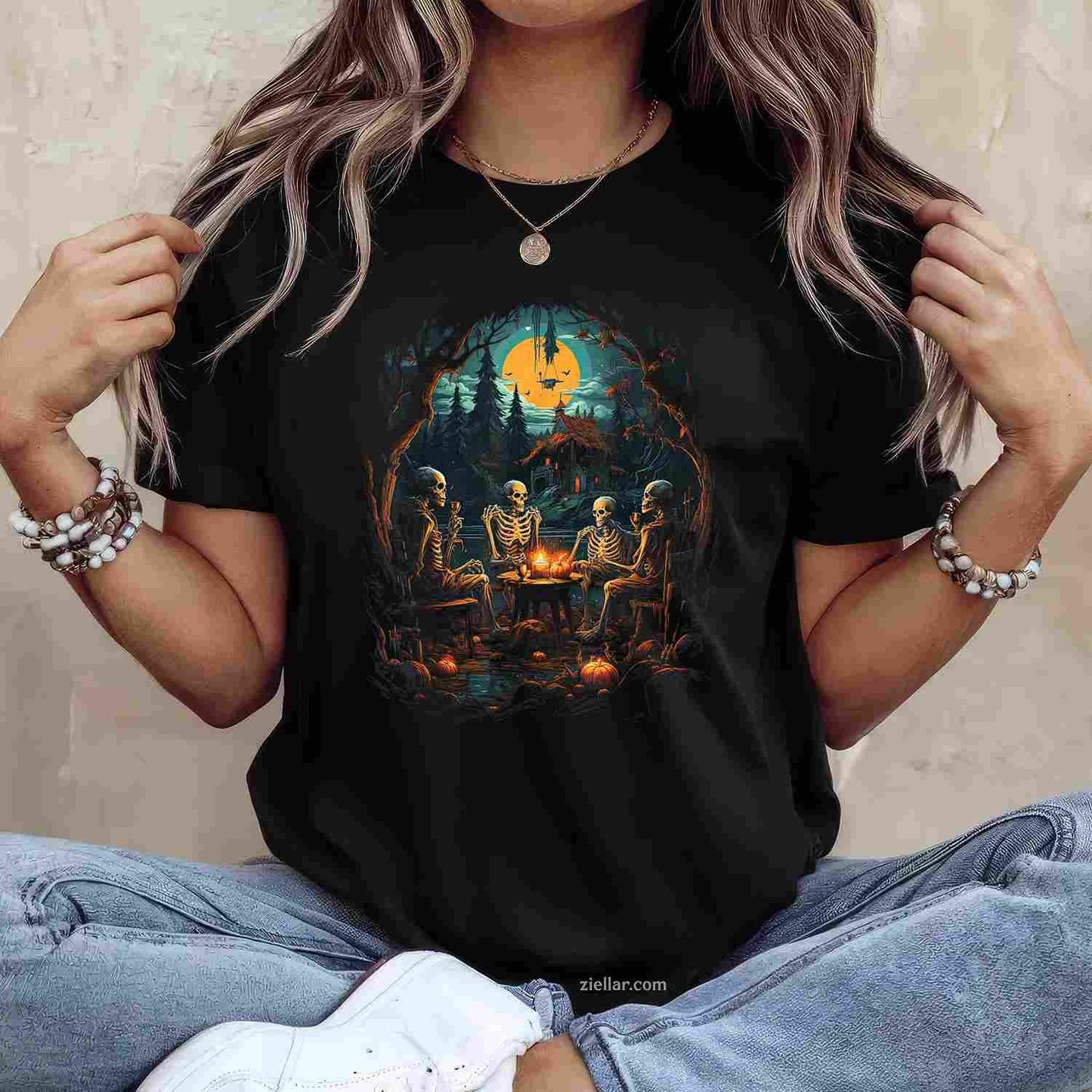 Vintage Ghost and Skeleton by Fire Camping Gothic Halloween Tee, Halloween T-Shirt for Men Women Adults Unisex, Vintage Retro Graphic, Funny Novelty Gift