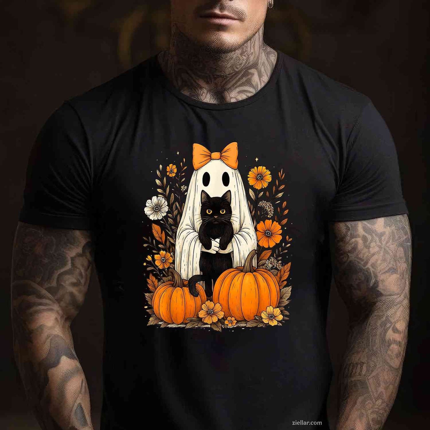 Vintage Halloween Ghost Holding Black Cat Groovy Floral Tee, Halloween T-Shirt for Men Women Adults Unisex, Aesthetic Streetwear Top, Soft Cotton Premium Print
