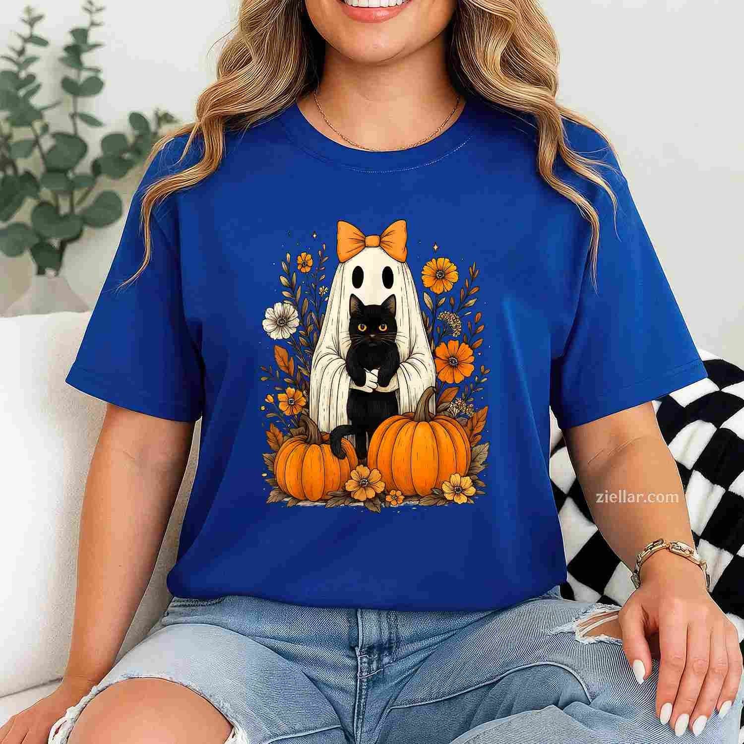 Vintage Halloween Ghost Holding Black Cat Groovy Floral Tee, Halloween T-Shirt for Men Women Adults Unisex, Aesthetic Streetwear Top, Soft Cotton Premium Print
