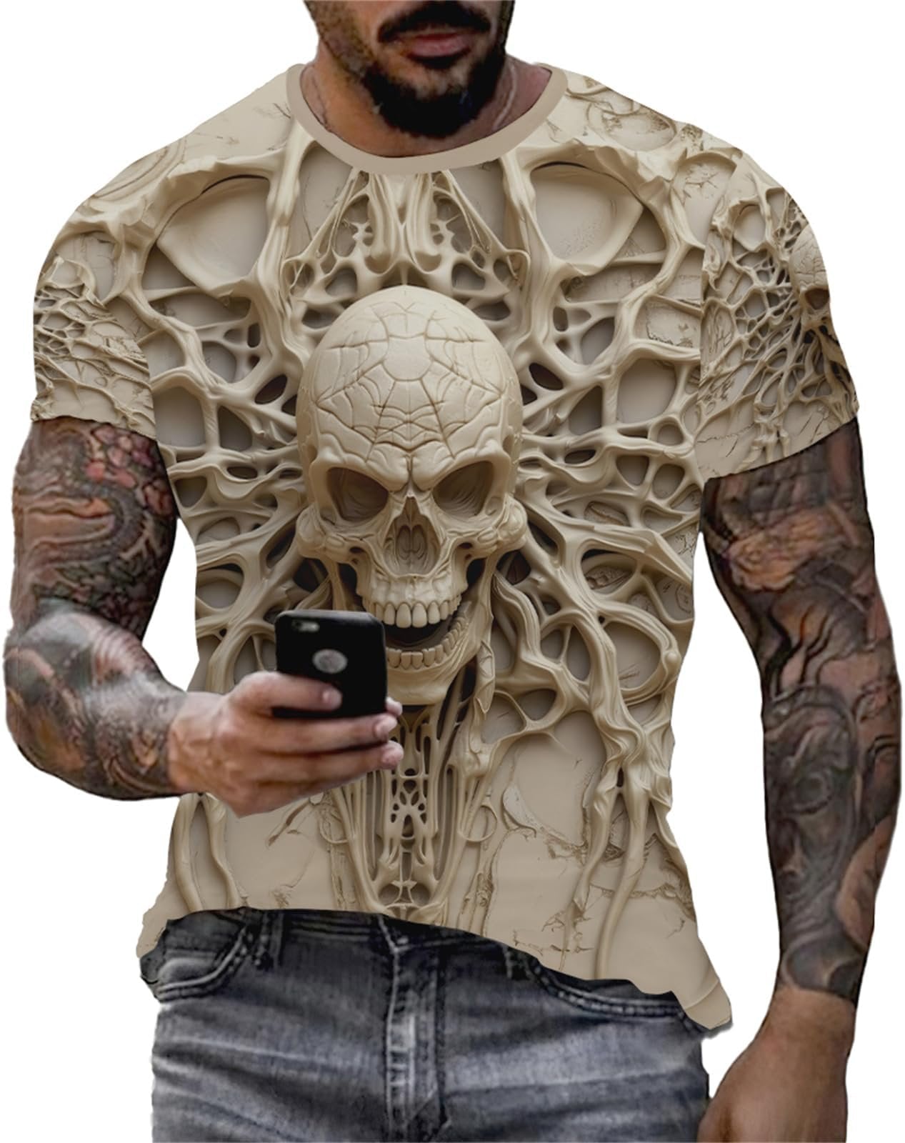 Vintage Skull Skeleton Graphic Tee for Men, Funny 3D T-Shirt with Novelty Print and Short Sleeves