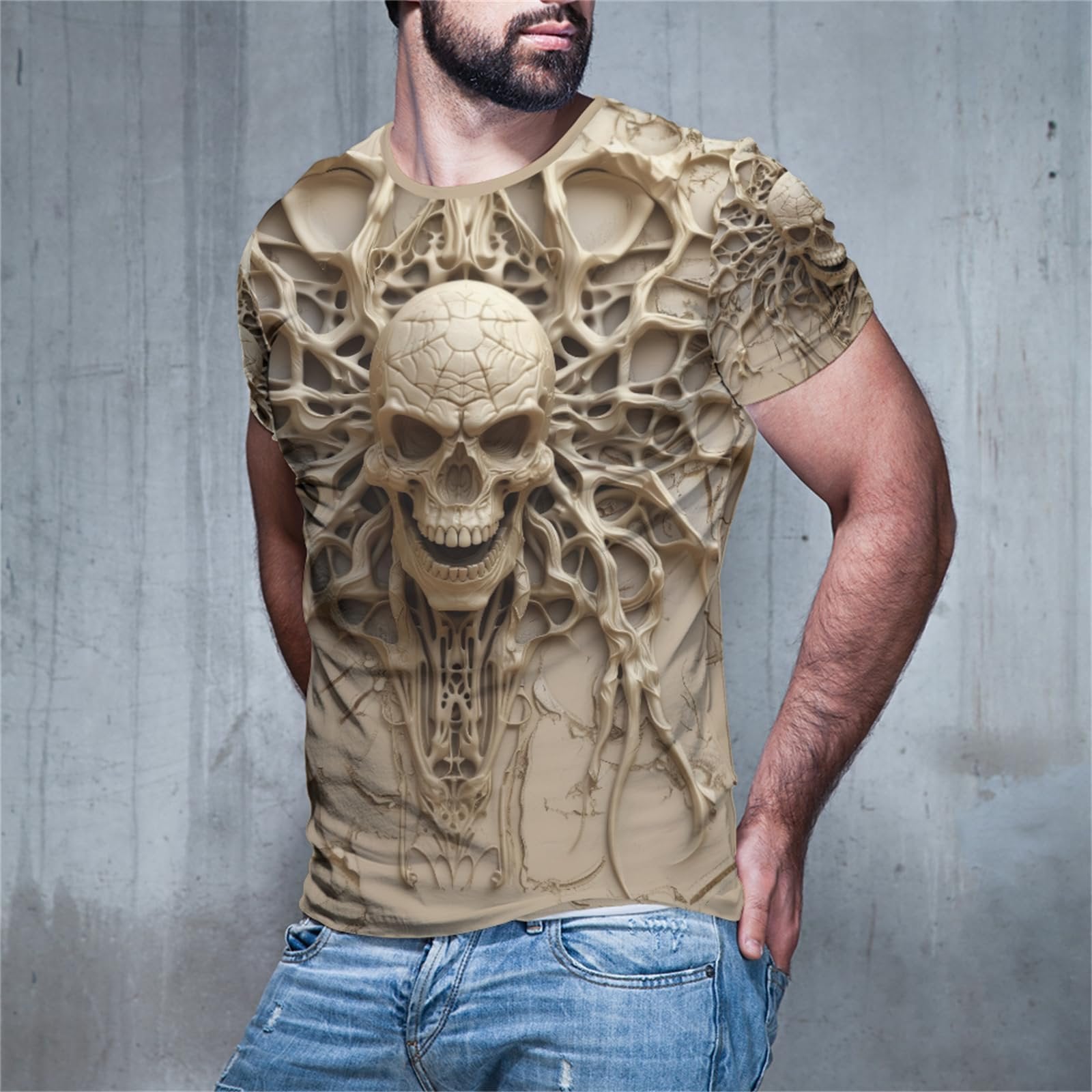 Vintage Skull Skeleton Graphic Tee for Men, Funny 3D T-Shirt with Novelty Print and Short Sleeves